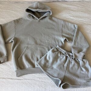 Comfrt Minimalist Hoodie with Tranquil Shorts, Cement, Small